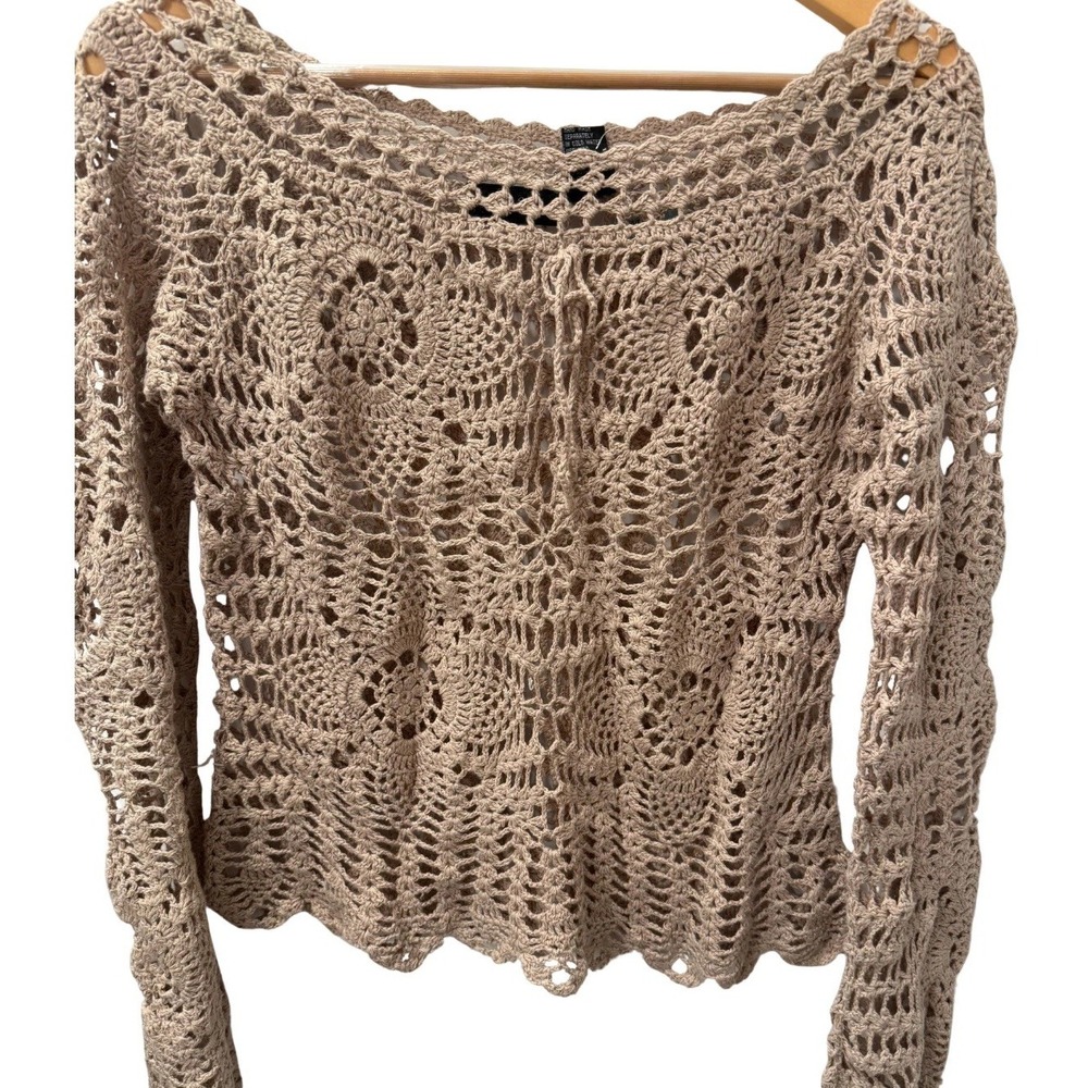 Crochet Open Knit Top Women's XL Bow Front Tie Festival Wrap Boho Festival Beige